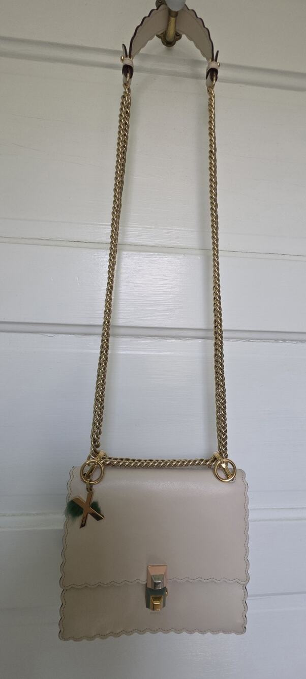 Fendi Kan I Beige Scalloped Flap Shoulder Bag Chain Strap w/ Charm & COA